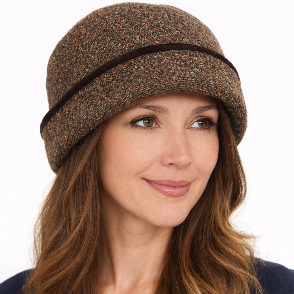 Vintage Multicolor Tweed Bowler Hat with Brown Velvet Ribbon Trim Size L/XL